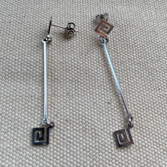 Sterling Silver Greek Key Dangling Post Earrings - Picture 3 of 4